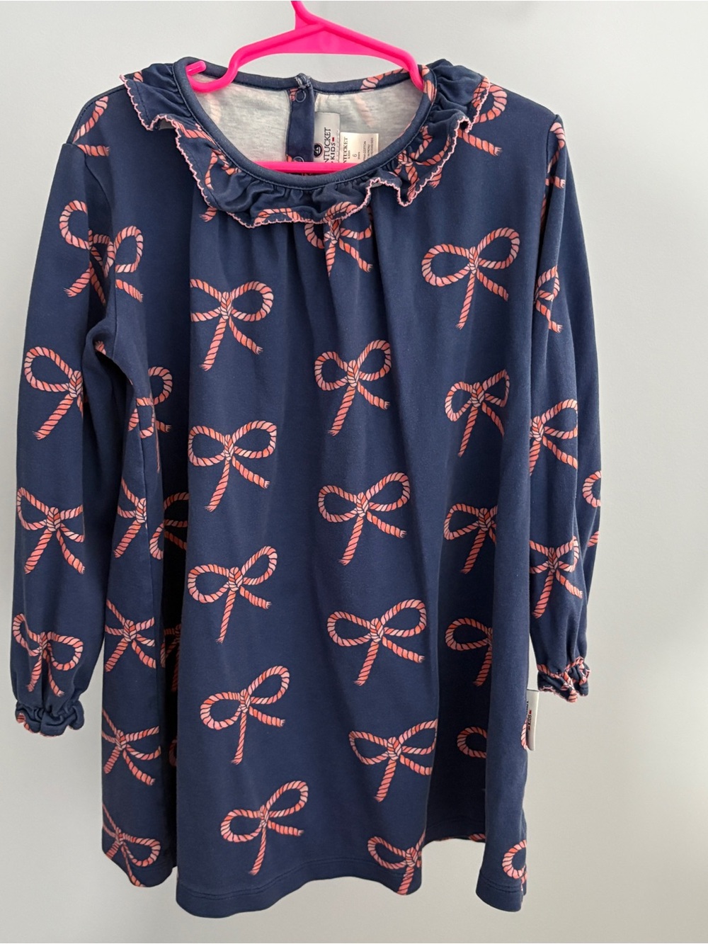 Girls' Nantucket Kids Navy Dress with Pink Bow Print and Ruffle Collar